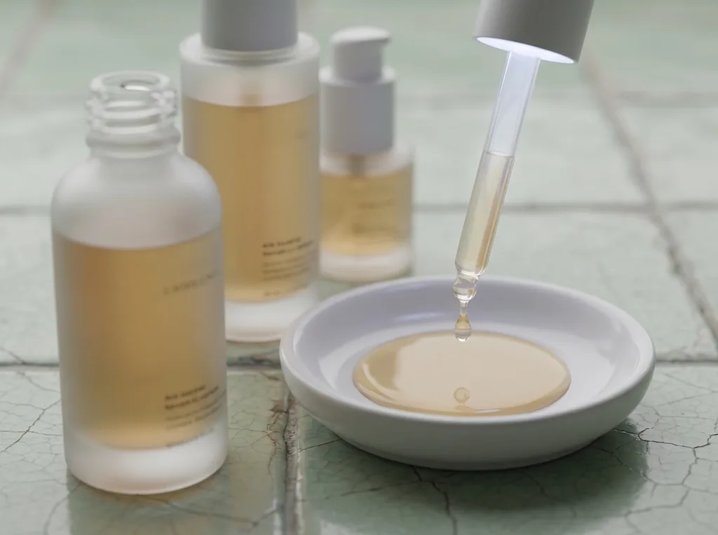 An extreme close-up of three Korean skincare bottles of different sizes arranged on aged celadon ceramic tile, with a single illuminated dropper suspended mid-air above a shallow dish of translucent serum liquid, Seoul overcast daylight, Extreme close-up still-life of three small Korean skincare bottles  matte frosted glass, minimal typography, varying heights  arranged on a surface of aged pale celadon-green Korean ceramic tile, a glass dropper suspended in mid-air above a shallow white ceramic dish holding a pool of translucent golden serum liquid catching the light, the light is the specific flat grey of a Seoul overcast morning coming from a single direction, one of the bottles has an airless pump mechanism visible, depth of field is shallow making background bottles softly blurred, no labels legible, color palette of frost white pale amber and celadon grey-green, hyper-realistic editorial photography, 8k, sharp focus, professional color grading, NO text, NO illustration, NO cartoon, NO 3d render