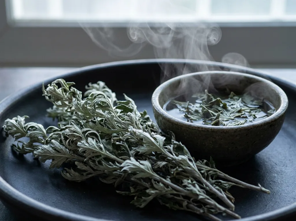 Dried mugwort ssuk sprigs laid on a traditional Korean dark ceramic surface, steam rising faintly above a small stone bowl of hot water containing the herbs, Dried mugwort sprigs with their characteristic silver-green underside arranged on a dark matte ceramic surface beside a small stone bowl with wisps of steam rising from hot water steeped with the herb Shot from a low angle on Sony A7R IV, 100mm f28 macro lens, soft morning light filtering through from behind creating a delicate backlit halo around the steam Cool-toned palette charcoal, silver-green, deep sage, white steam Focus on the texture of the dried plant material  the fine silver hairs on the underside of leaves are visible Mood ancient, medicinal, serene Hyper-realistic editorial photography, 8k, sharp focus, professional color grading, NO text, NO illustration, NO cartoon, NO 3d render