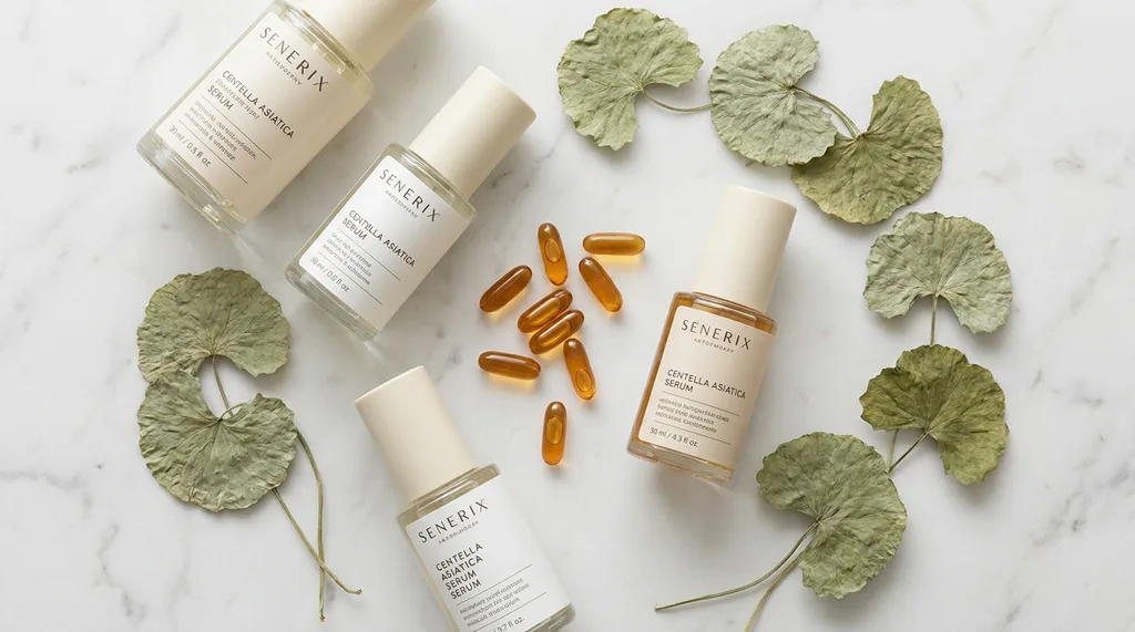 A minimal flatlay of glass serum bottles and amber supplement capsules arranged on a pale stone surface with dried centella leaves, A minimal flatlay of glass serum bottles, amber supplement capsule pills, and dried centella asiatica leaves arranged artfully on a pale white marble surface, shot directly overhead, Sony A7R IV 50mm flat lay lens, even soft diffused daylight from above, crisp texture detail on the capsule shells and leaf veins, muted cream and dusty sage green color palette with amber accents, serene and editorial mood, hyper-realistic editorial photography, 8k, sharp focus, professional color grading, NO text, NO illustration, NO cartoon, NO 3d render