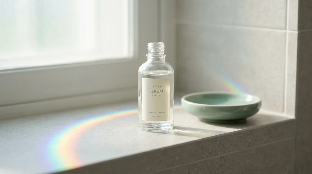 A single transparent glass serum bottle with light refracting through it, placed on a pale stone Korean bathroom shelf beside a small ceramic dish, minimal negative space, A single minimalist glass serum bottle on a pale grey Korean stone bathroom vanity shelf, soft diffused morning window light from the left casting a long refracted prism of color across the surface, close editorial composition, extreme clarity on the glass texture and light transmission, muted ivory and pale celadon color palette, serene and precise mood, shot on Sony A7R IV 85mm f20 prime lens, shallow depth of field with soft background, hyper-realistic editorial photography, 8k, sharp focus, professional color grading, NO text, NO illustration, NO cartoon, NO 3d render