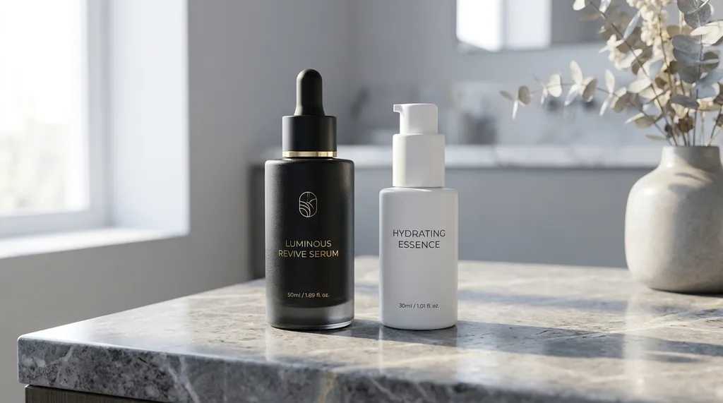 Two skincare serums  one in a luxury matte black glass bottle, one in a simple minimalist white plastic bottle  placed side by side on a cool gray marble surface with subtle morning light, Two skincare serum bottles side by side on a cool gray Korean marble surface  one a sleek matte black luxury glass bottle with minimal gold detail, the other a clean simple white minimalist bottle, both slightly different in height, shot from a low three-quarter angle, soft diffused morning window light from the left creating gentle shadows, focus on the surface texture of the bottles and the marble grain beneath, cool silver and cream color palette with muted warm accents, mood of quiet clinical precision, hyper-realistic editorial photography, 8k, sharp focus, professional color grading, NO text, NO illustration, NO cartoon, NO 3d render