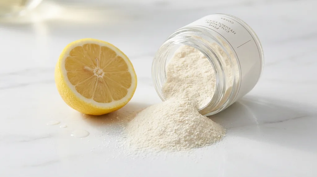 Raw fish collagen powder spilling from a small glass jar onto a clean white surface beside fresh citrus slices, Raw fish collagen hydrolysate powder spilling gently from a small clear glass jar onto a pristine white marble surface, a cross-sectioned lemon half resting beside it, fine powder texture visible in close detail, shot on Canon EF 100mm f28L macro lens, soft diffused window light from upper left casting gentle shadows, texture emphasis on the fine crystalline powder and citrus pith, cool ivory and warm lemon yellow color palette, clinical yet organic mood, hyper-realistic editorial photography, 8k, sharp focus, professional color grading, NO text, NO illustration, NO cartoon, NO 3d render