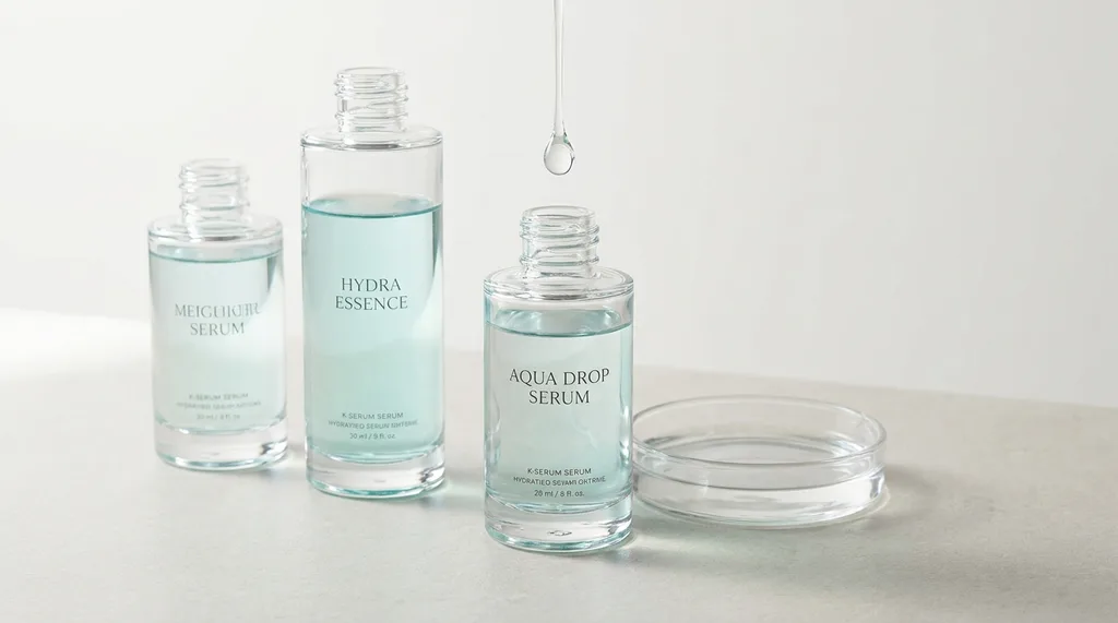 A minimalist arrangement of glass serum bottles and a water droplet suspended mid-air above a clear petri dish, macro studio still life, A minimalist still life of three translucent glass skincare serum bottles arranged on a pale matte stone surface, one bottle with a single water droplet suspended just above its open mouth, shot from a slightly elevated 45-degree angle, Sony A7R IV 100mm f28 macro lens, soft diffused side lighting from the left with cool 5600K white light, ultra-clear glass refracting light against an off-white background, muted palette of frost white and pale aquamarine, emphasis on the luminous clarity of glass and liquid texture, hyper-realistic editorial photography, 8k, sharp focus, professional color grading, NO text, NO illustration, NO cartoon, NO 3d render