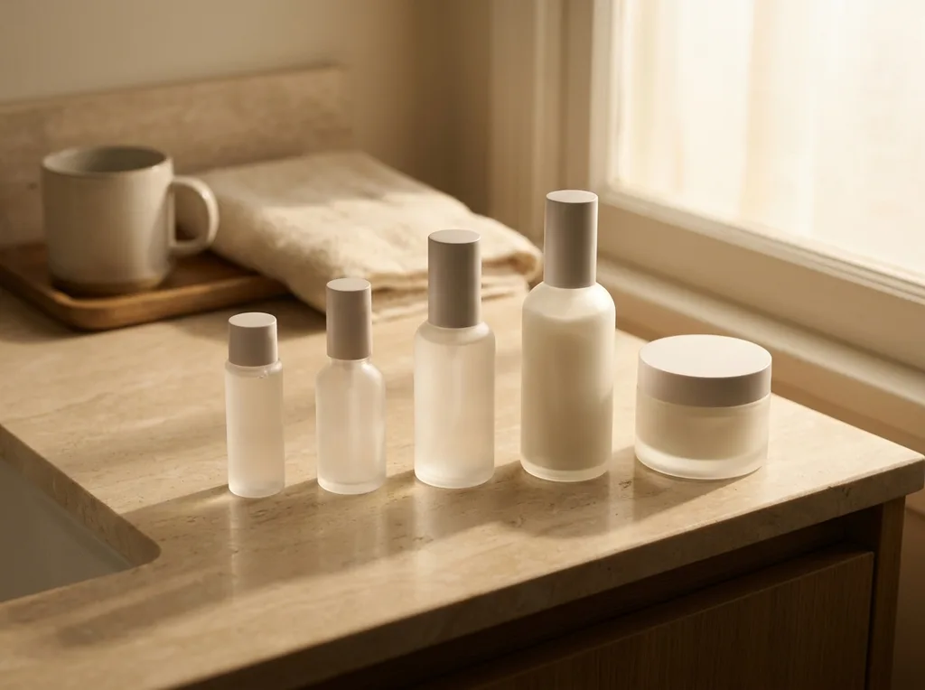 A serene bathroom vanity with multiple small glass toner and serum bottles arranged in layering order, soft morning light, A serene modern bathroom vanity counter with five minimalist glass skincare bottles arranged in a precise left-to-right layering sequence, each progressively slightly larger from toner to cream Soft, diffused morning window light from the right creates long gentle shadows Photographed from a slightly elevated angle, 50mm lens on Sony A7R IV, f40 for moderate depth of field keeping all bottles visible Color palette warm ivory marble surface, neutral frosted glass bottles, soft morning amber light The composition feels ritualistic and intentional, not cluttered No products have visible labels or text, hyper-realistic editorial photography, 8k, sharp focus, professional color grading, NO text, NO illustration, NO cartoon, NO 3d render