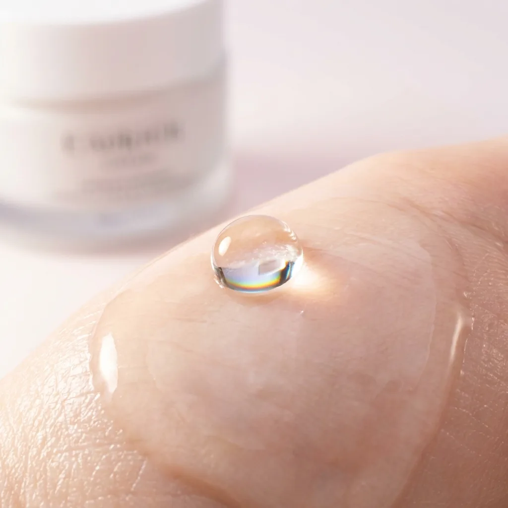 A single water droplet suspended on a smooth, luminous skin-like surface captured in extreme macro, showing the surface reflectivity of well-hydrated skin, An extreme macro photograph of a single perfect water droplet suspended on a flawlessly smooth, luminous skin-like surface, the droplet refracting light into a tiny internal spectrum, shot on Canon EF 100mm f28L macro lens, soft side-lighting from the left at 5600K, the surrounding surface shows a subtle translucent glow suggesting deep hydration, color palette of pearl-white and the faintest warm rose, mood of scientific intimacy and quiet beauty, hyper-realistic editorial photography, 8k, sharp focus, professional color grading, NO text, NO illustration, NO cartoon, NO 3d render