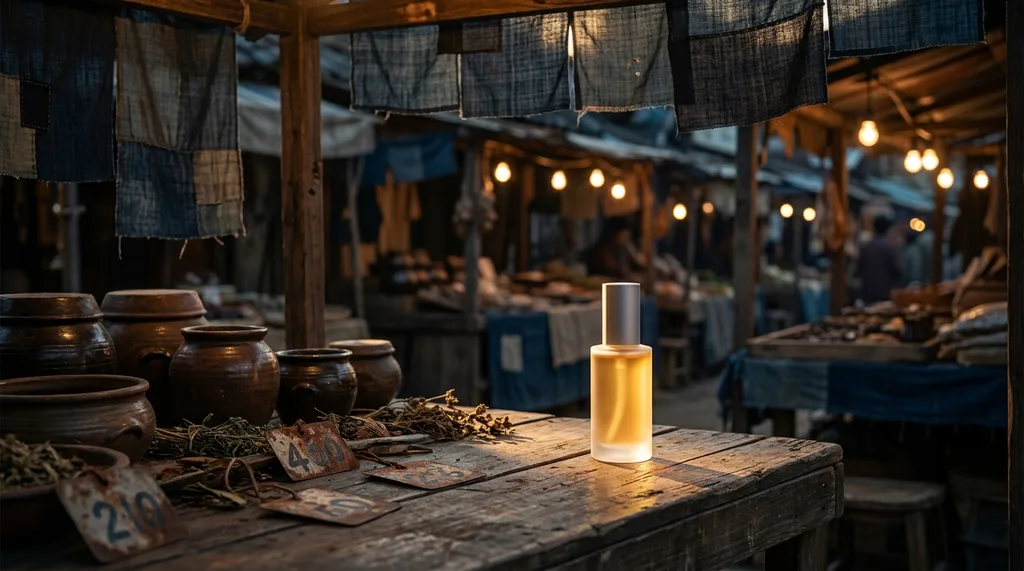 A dramatically lit Seoul open-air market in 1997-era aesthetic  worn wooden stalls draped with traditional fabric, a single modern glass bottle of luminous serum placed at the center of aged market goods, the tension between economic hardship and emergent beauty innovation made physical, A cinematic editorial scene set in a traditional Korean market at dusk  worn wooden market stalls, weathered fabric awnings in deep indigo and charcoal, rusted metal price tags, an aged wooden table surface At the center, a single pristine frosted glass serum bottle catches the last warm amber light of evening, glowing against the rough, time-worn textures surrounding it The contrast between decay and luminance is absolute Shallow depth of field draws focus to the bottle background stalls blur into impressionist shapes of dark teal and burnt sienna No people No faces The mood is one of something precious born from difficulty  fragile, radiant, improbable, hyper-realistic editorial photography, 8k, sharp focus, professional color grading, NO text, NO illustration, NO cartoon, NO 3d render