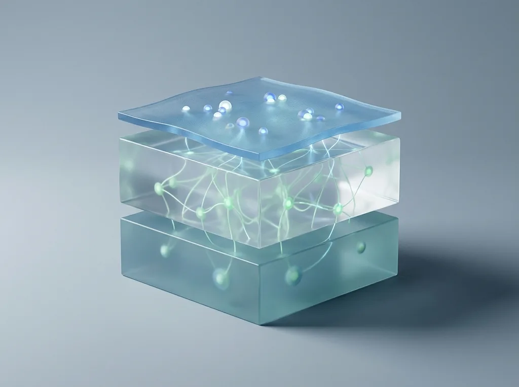 An analytical, clean visual showing the relationship between ingredients and skin layers, An artistic, minimalist infographic illustration showing the layers of the skin, with small glowing nodes representing collagen synthesis and barrier repair, cool blue and soft green color palette, clean vector style, professional editorial photography, 8k, sharp focus, NO text, NO illustration, NO cartoon, NO 3d render