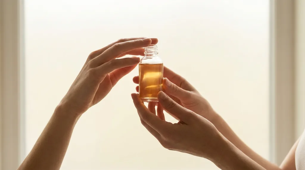 A pair of hands holding a single minimalist glass serum bottle against soft morning window light, suggesting simplicity and intention, A pair of clean adult hands cradling a single small clear glass serum bottle, held up gently against a large frosted window with soft diffused morning light backlighting the scene, the serum catching the light with a warm amber inner glow, shot on Sony 85mm f18 with shallow depth of field, background completely out of focus in pale cream tones, the hands partially visible at lower frame edges, mood serene and resolved, color palette of warm amber serum gold against pale ivory light, conveying the simplicity and intentionality of a well-understood routine over a cluttered one, hyper-realistic editorial photography, 8k, sharp focus, professional color grading, NO text, NO illustration, NO cartoon, NO 3d render