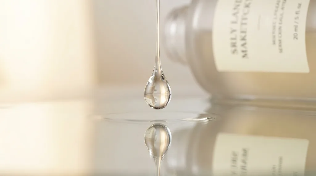 A single drop of luminous serum suspended mid-fall above a still water surface, with a soft reflection below, A single drop of clear serum suspended in mid-air above a perfectly still water surface, macro shot capturing the droplets tension and the mirror-like reflection below, shot on Sony A7R IV with 100mm f28 macro lens, soft diffused window light from the left creating a pale champagne glow, the droplet catching light with a crystalline inner refraction, muted cream and pale gold color palette, serene and meditative mood, visible liquid texture and surface tension detail, hyper-realistic editorial photography, 8k, sharp focus, professional color grading, NO text, NO illustration, NO cartoon, NO 3d render