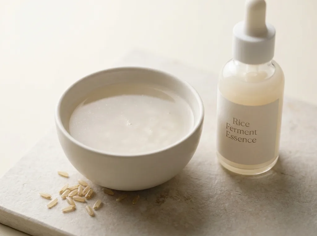 Raw rice grain and fermented rice water in a small ceramic bowl, with a dropper bottle beside it on a clean surface, A small matte white ceramic bowl holding cloudy fermented rice water, a few grains of uncooked rice scattered beside it on a pale stone surface, and a glass dropper bottle with a cream-colored liquid standing upright, shot with Sony A7R IV 85mm f20 lens, soft overhead diffused studio light, the liquid in the bowl catching slight iridescence, muted natural palette of off-white, warm ivory, and translucent cream, close-up still life composition, minimal and clean, hyper-realistic editorial photography, 8k, sharp focus, professional color grading, NO text, NO illustration, NO cartoon, NO 3d render