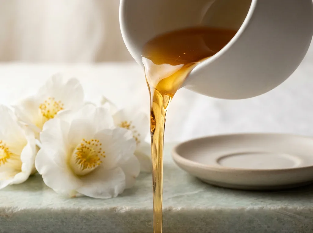 Cold-pressed camellia oil being poured from a small ceramic vessel, catching the light with a golden amber glow, camellia flowers placed nearby, Golden amber camellia oil being poured in a slow thread from a small matte white ceramic vessel, liquid catching warm backlight and creating a luminous translucent stream, white camellia japonica flowers with yellow stamens placed on a pale stone surface nearby, shot on Nikon Z9, 85mm f20 lens, warm golden backlight at 3200K creating translucent glow through the oil stream, close-up on liquid texture and flower petal detail, color palette of warm gold, ivory, and soft celadon green, mood evoking Jeju Island morning rituals  quiet, ancient, unhurried, hyper-realistic editorial photography, 8k, sharp focus, professional color grading, NO text, NO illustration, NO cartoon, NO 3d render
