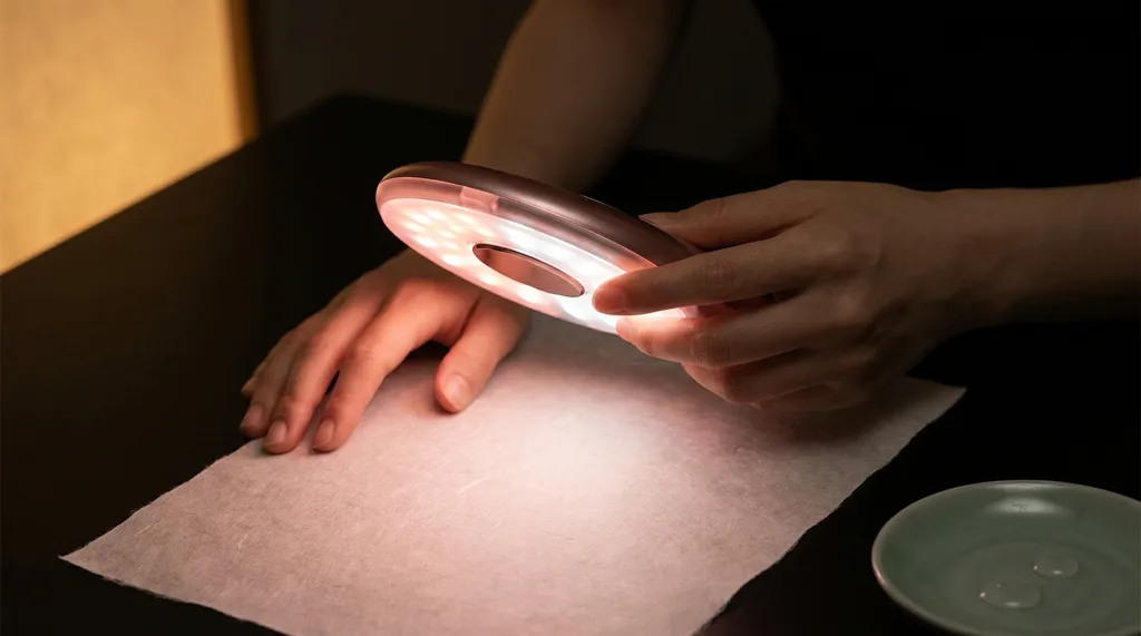 The private hour of a Korean apartment at night warm amber from a single indirect light source, the outside city completely absent, the feeling of a ritual that belongs entirely to the self A small celadon dish with two clear drops of serum sits at the edge of frame