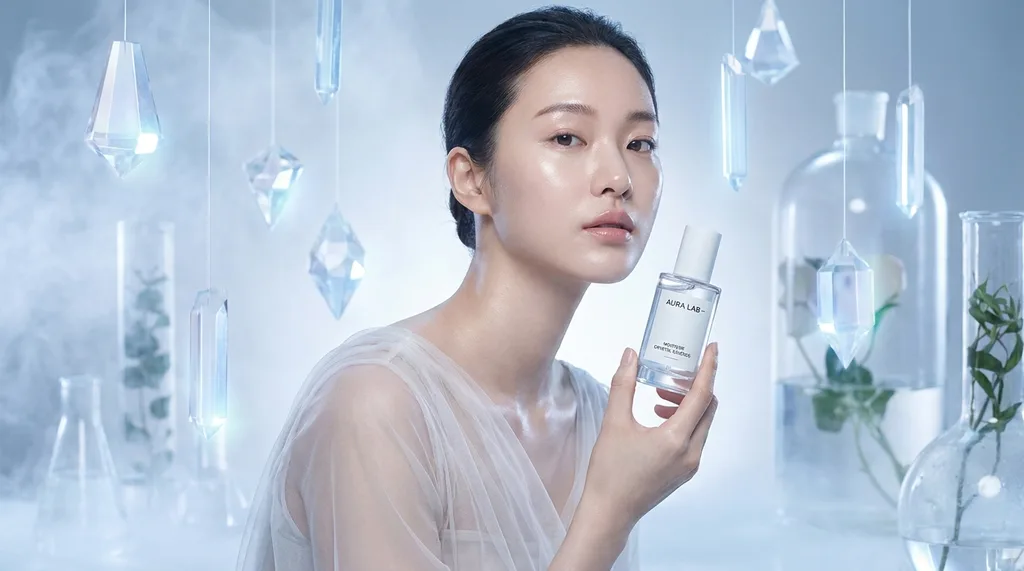 Ethereal, laboratory-meets-nature aesthetic with floating crystalline structures suspended in a soft, mist-filled void