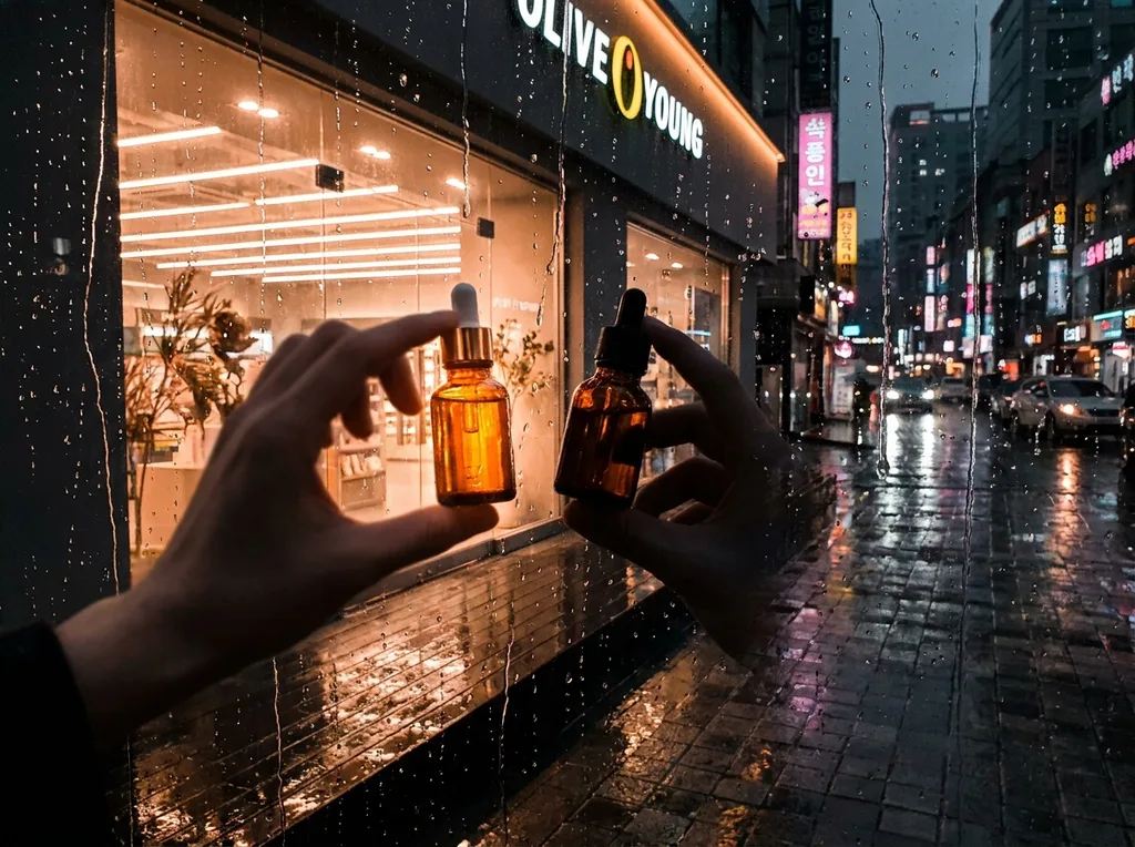 Rain-cooled glass storefront with Olive Young interior light bleeding orange and white into the wet pavement outside Through the glass two small serum bottles held to the light, partially cropped hands, one bottle catching the glow the other in shadow Eye level from outside the store