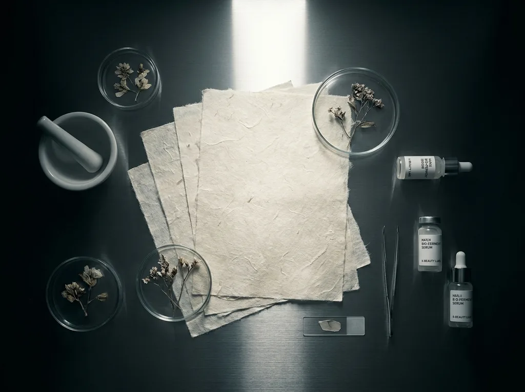 A sterile but organic laboratory environment where traditional hanji paper meets modern scientific observation