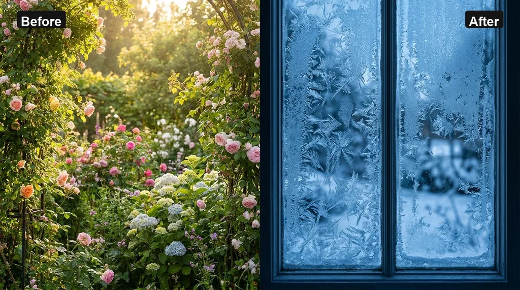 A split-screen composition showing a lush, sun-drenched summer garden on the left and a crisp, frost-covered window pane on the right