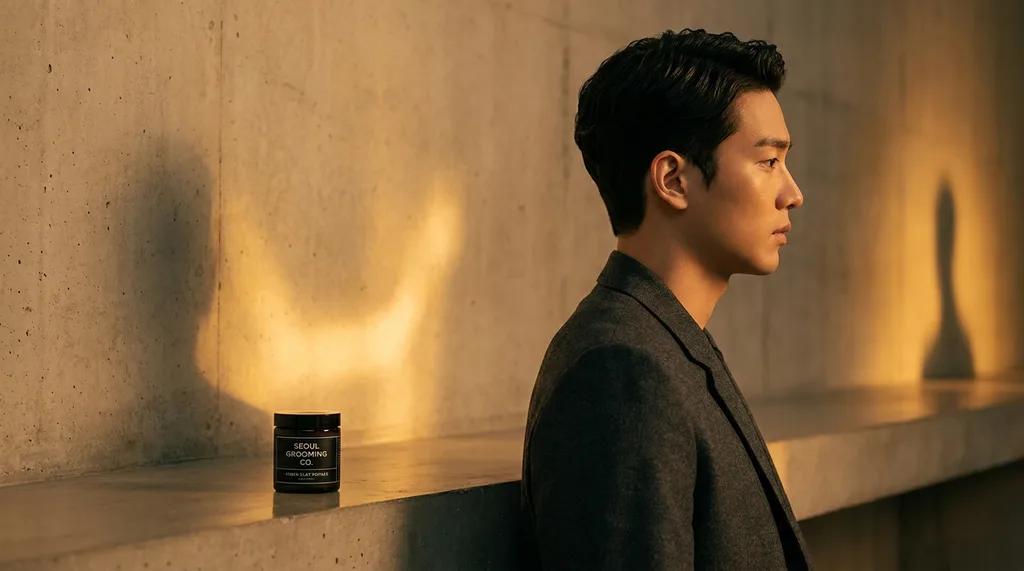 Minimalist concrete textures mixed with warm amber lighting, reflecting high-end Seoul grooming culture