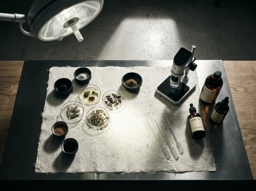 A sterile but organic laboratory environment where traditional hanji paper meets modern scientific observation
