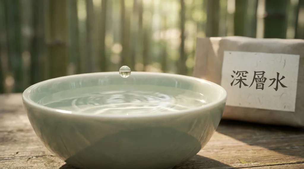 A serene, traditional Korean wabi-sabi setting with a minimalist celadon bowl, invoking deep hydration and timeless beauty
