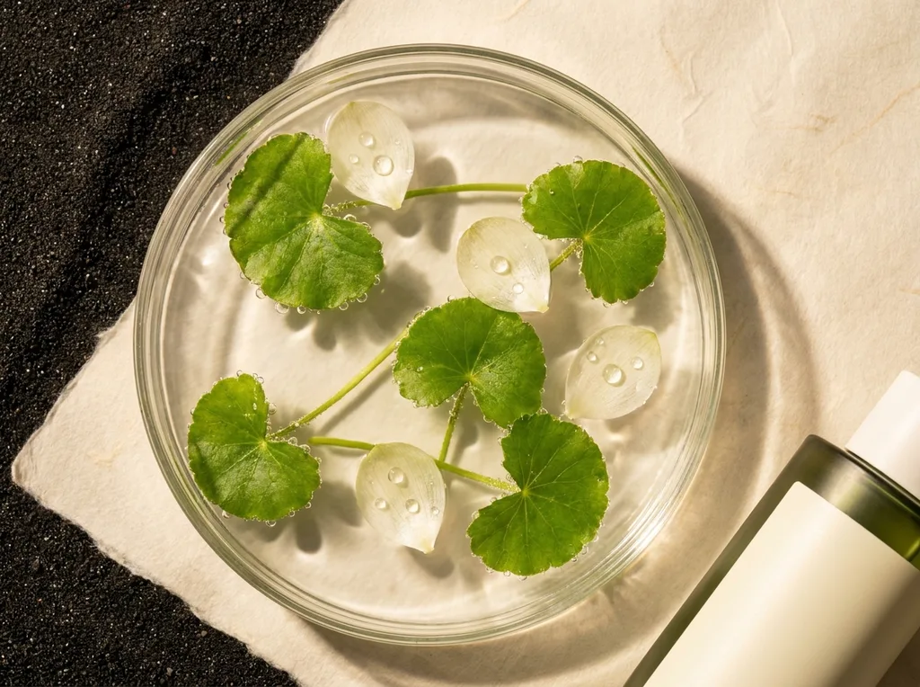 Vibrant green Cica leaves suspended in crystal clear water Tiny air bubbles clinging to the serrated edges of the foliage High-speed photography, top-down perspective, hanji paper backdrop