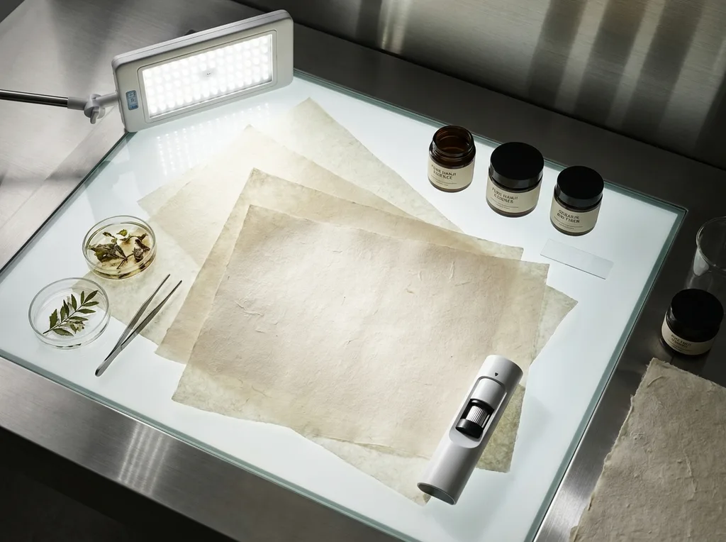 A sterile but organic laboratory environment where traditional hanji paper meets modern scientific observation