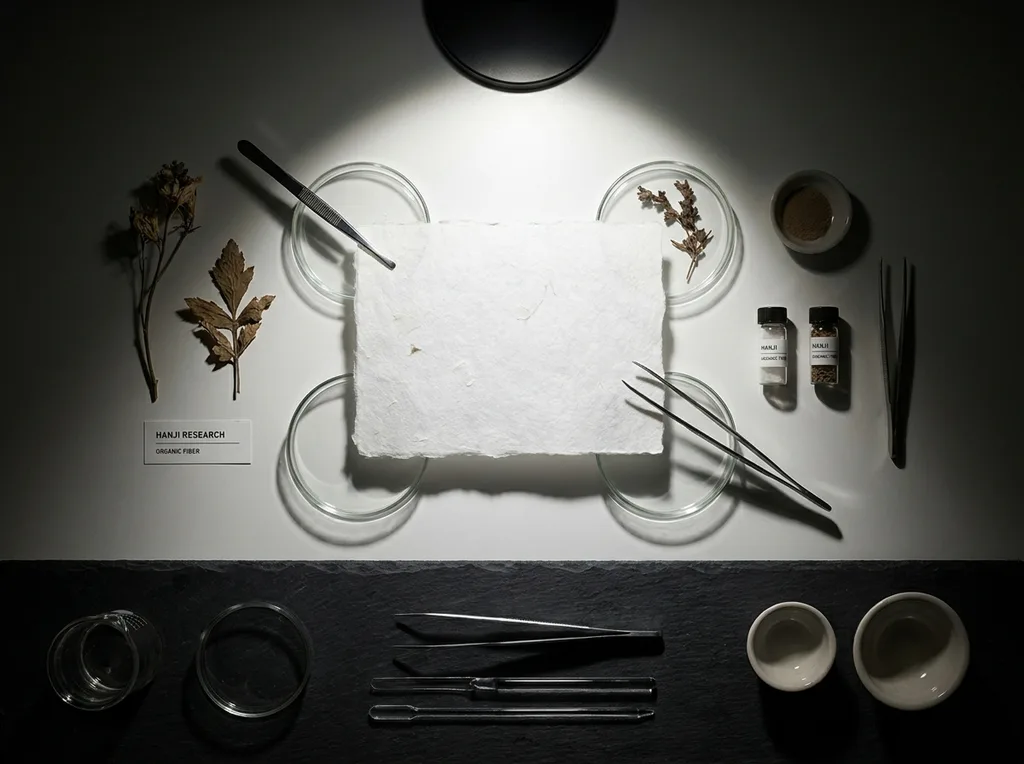 A sterile but organic laboratory environment where traditional hanji paper meets modern scientific observation