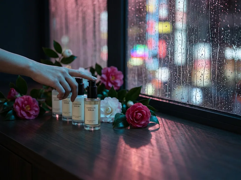 Cool fluorescent light on a womans hand tracing slowly along a row of skincare bottles, one fingertip resting on a label mid-read, the other bottles slightly blurred behind the gesture of someone who is actually looking, not browsing Slightly above, angled down, wild camellia blossoms surrounding