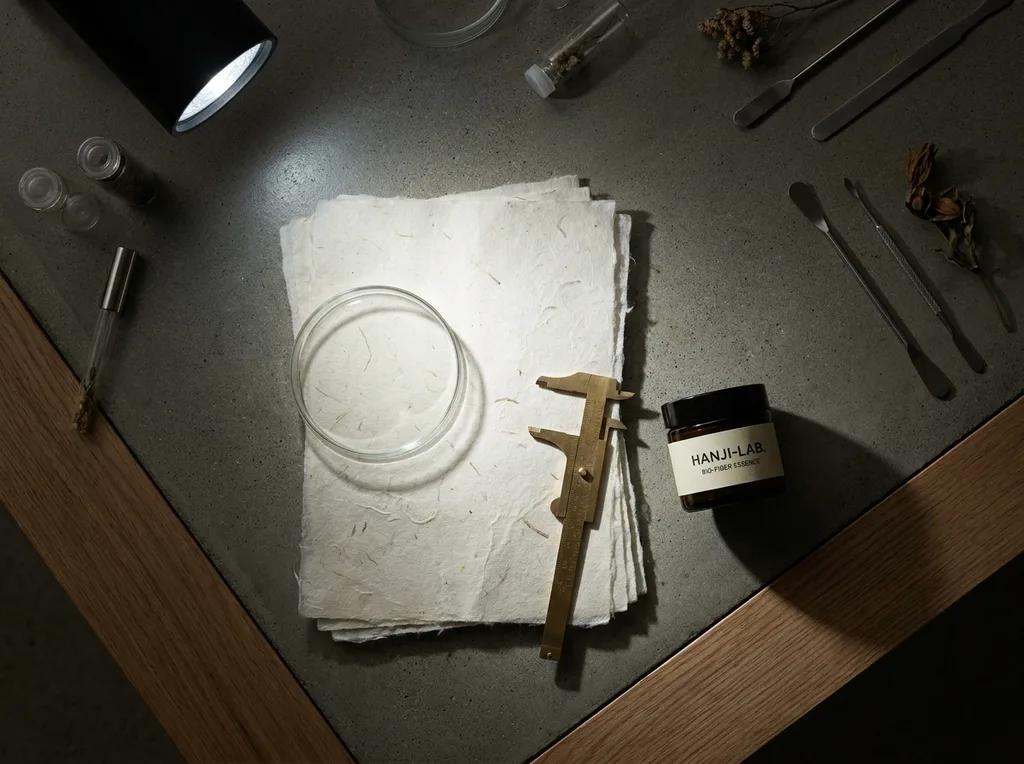 A sterile but organic laboratory environment where traditional hanji paper meets modern scientific observation