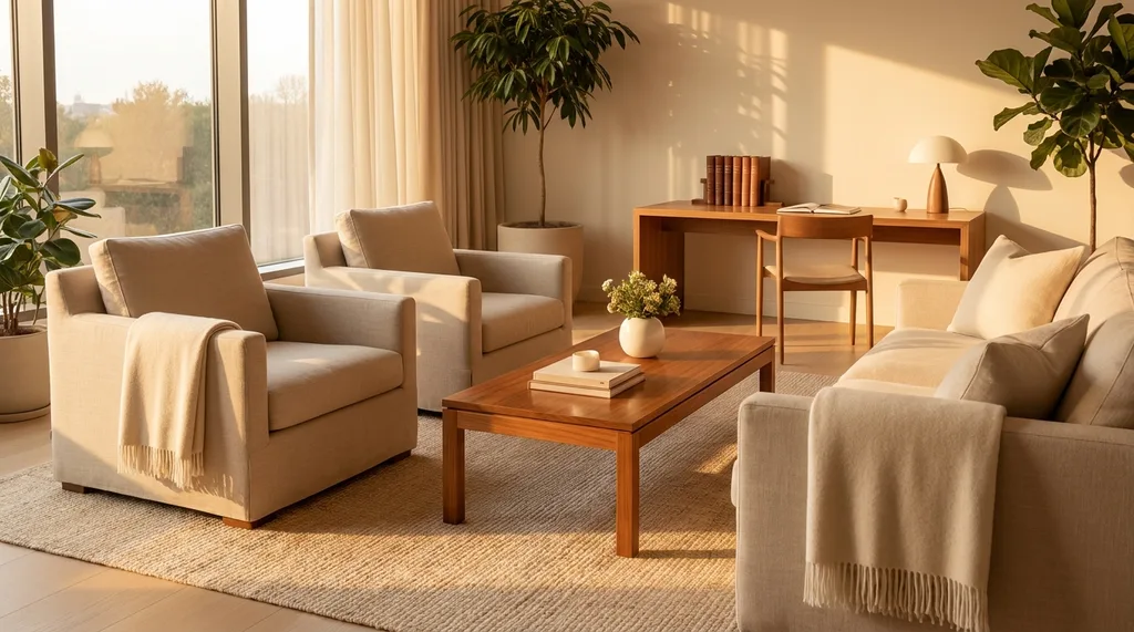 A warm, inviting consultation room with soft textures, neutral beige tones, and a professional, reassuring vibe