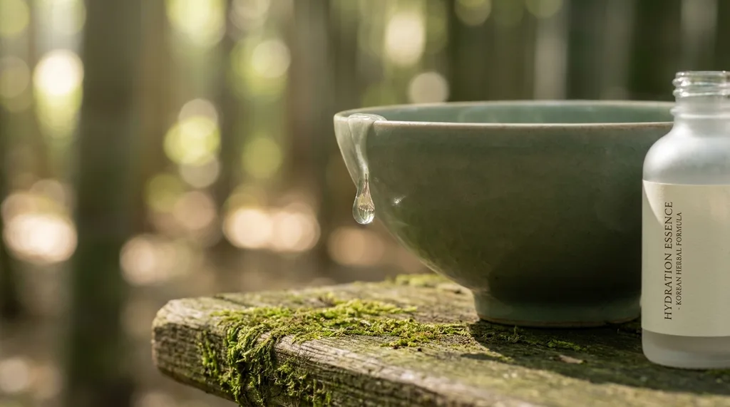 A serene, traditional Korean wabi-sabi setting with a minimalist celadon bowl, invoking deep hydration and timeless beauty