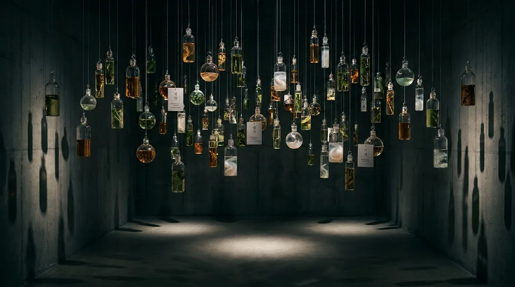A conceptual art installation featuring suspended glass vials containing raw botanical extracts and synthetic peptides, floating in a dark, moody space