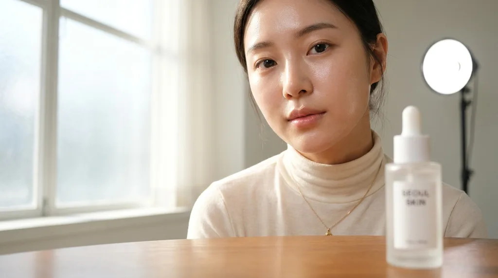 A high-fashion editorial capture inside a minimalist Cheongdam-dong studio, focusing on the ethereal, light-reflecting quality of healthy skin