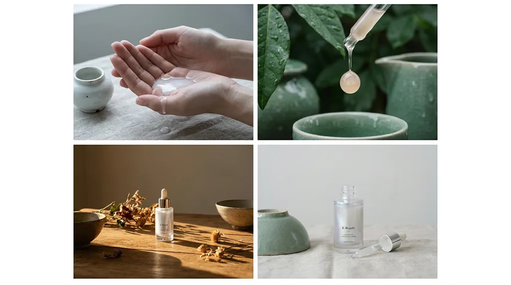 Cold translucent serum pooled in the shallow bowl of cupped palms, one drop at the edge of the left thumb threatening to fall its surface tension still holding, reflecting pale grey-white morning light Slightly above, angled down, Joseon-era white porcelain alongside