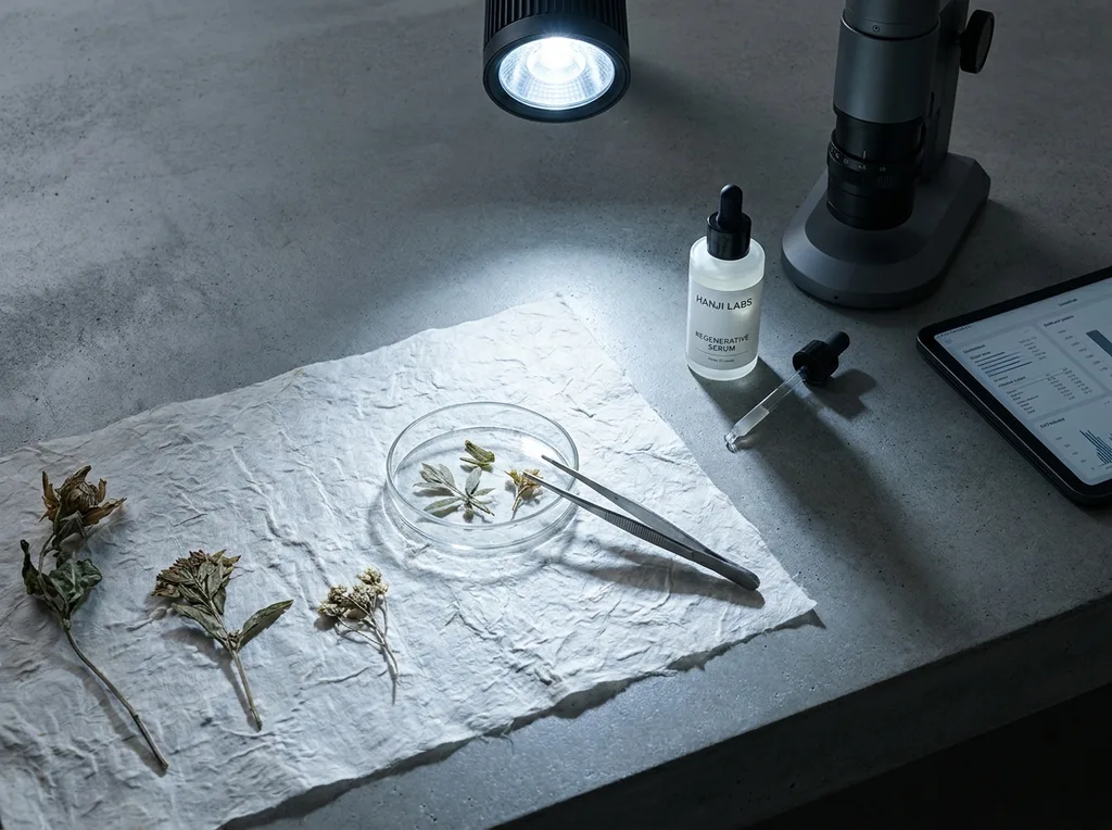 A sterile but organic laboratory environment where traditional hanji paper meets modern scientific observation