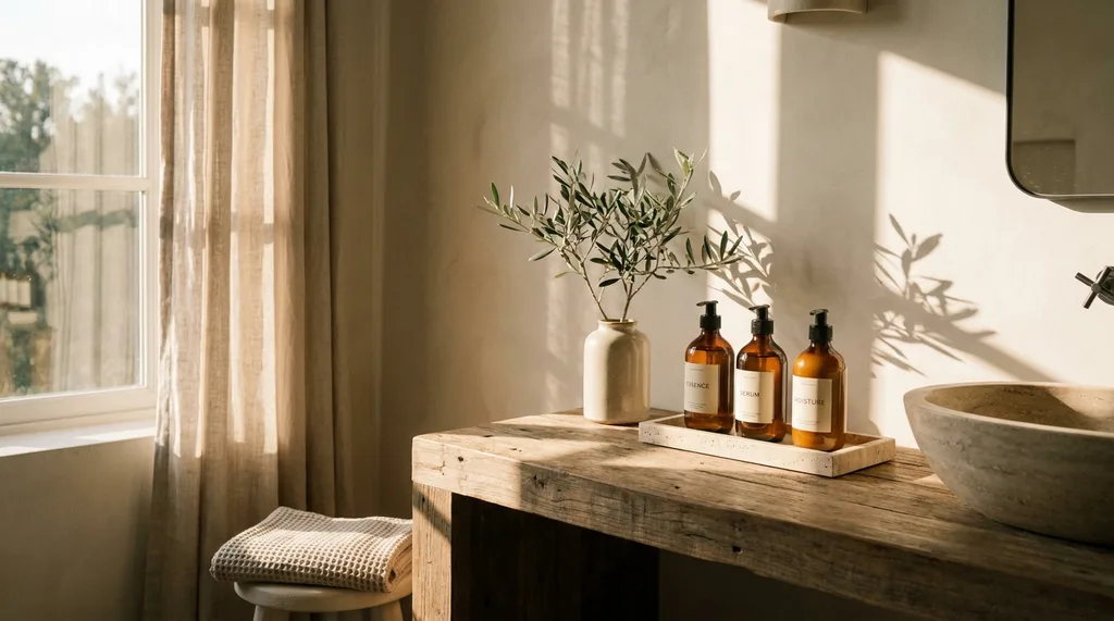 A serene, sun-drenched bathroom vanity featuring only three essential bottles, reflecting the skip-care philosophy
