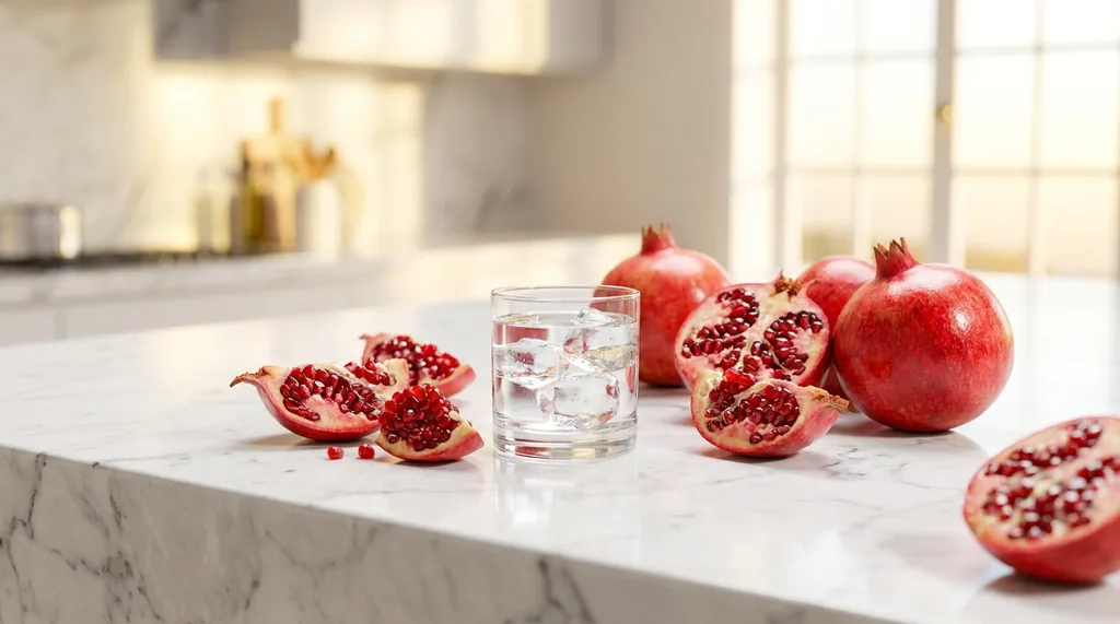 A vibrant, high-fashion lifestyle setting with a marble countertop, featuring fresh pomegranate slices and a glass of water, symbolizing antioxidant protection