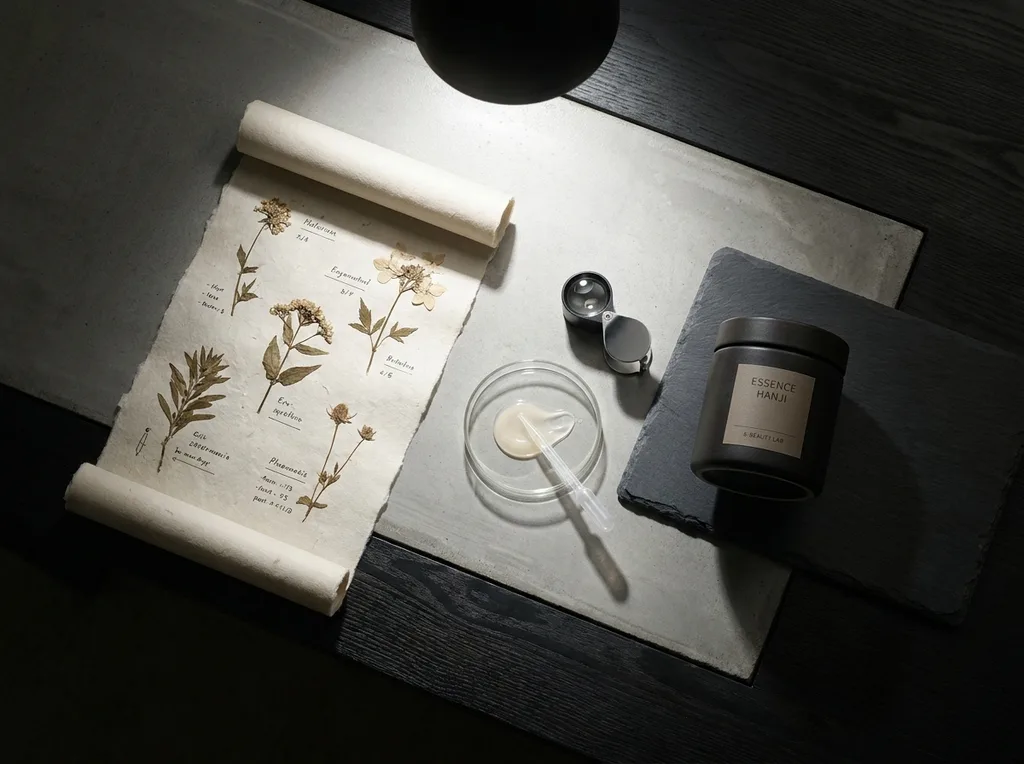 A sterile but organic laboratory environment where traditional hanji paper meets modern scientific observation