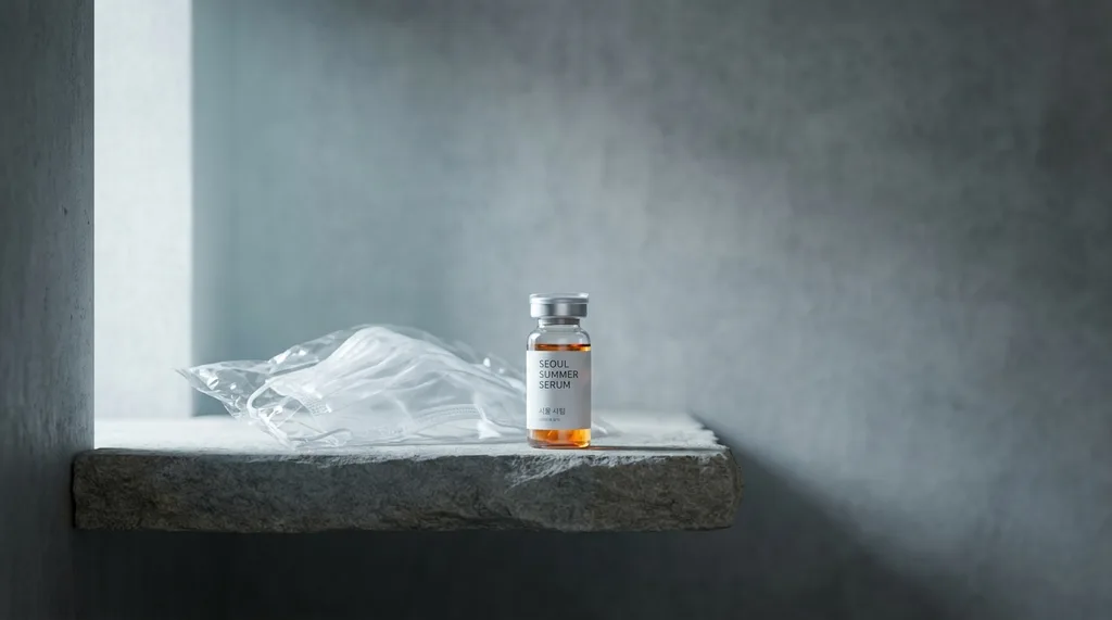 A spare, minimalist Korean studio interior raw concrete wall, single stone shelf, the quality of early morning light that belongs to Seoul in summer slightly cool, grey-edged, still The scene holds a visual paradox something cheap and something clinical occupying the same sacred space