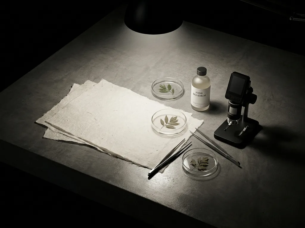 A sterile but organic laboratory environment where traditional hanji paper meets modern scientific observation