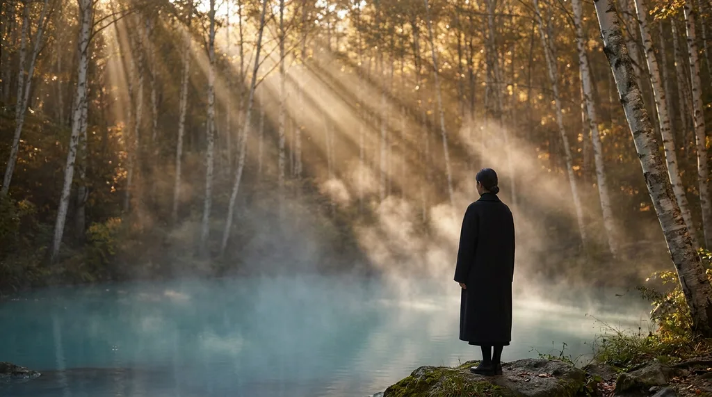 Deep mountain Gangwon-do forest at first light the birch trees are pale silver and gold, the water is opaque with mineral mist, the womans stillness makes the entire frame feel like a held breath No phone, no product, no paraphernalia