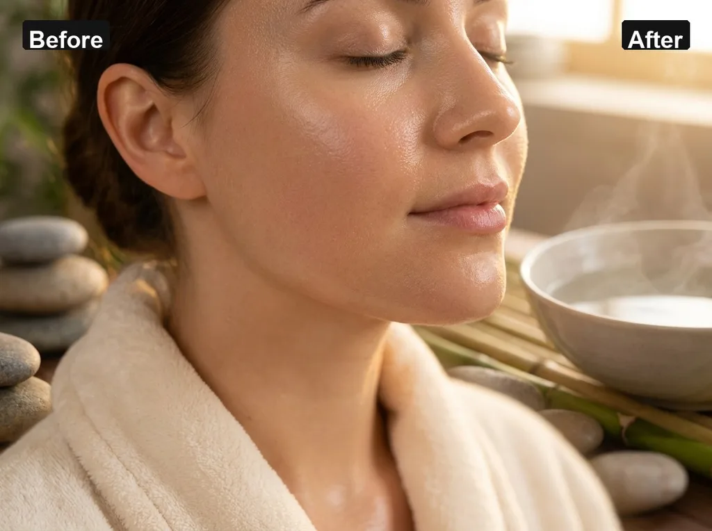 A serene, spa-like environment with a focus on the concept of inner hydrationa models cheek showing a dewy, healthy glow without heavy residue