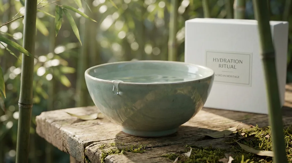 A serene, traditional Korean wabi-sabi setting with a minimalist celadon bowl, invoking deep hydration and timeless beauty