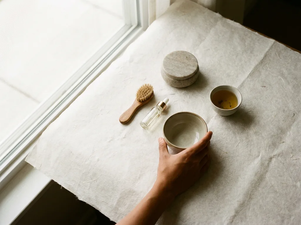 Minimalist Korean morning ritual hanji paper texture grounding the composition, the products arranged with the deliberate negative space of Korean visual culture This is the calibrated toolkit, not a product dump