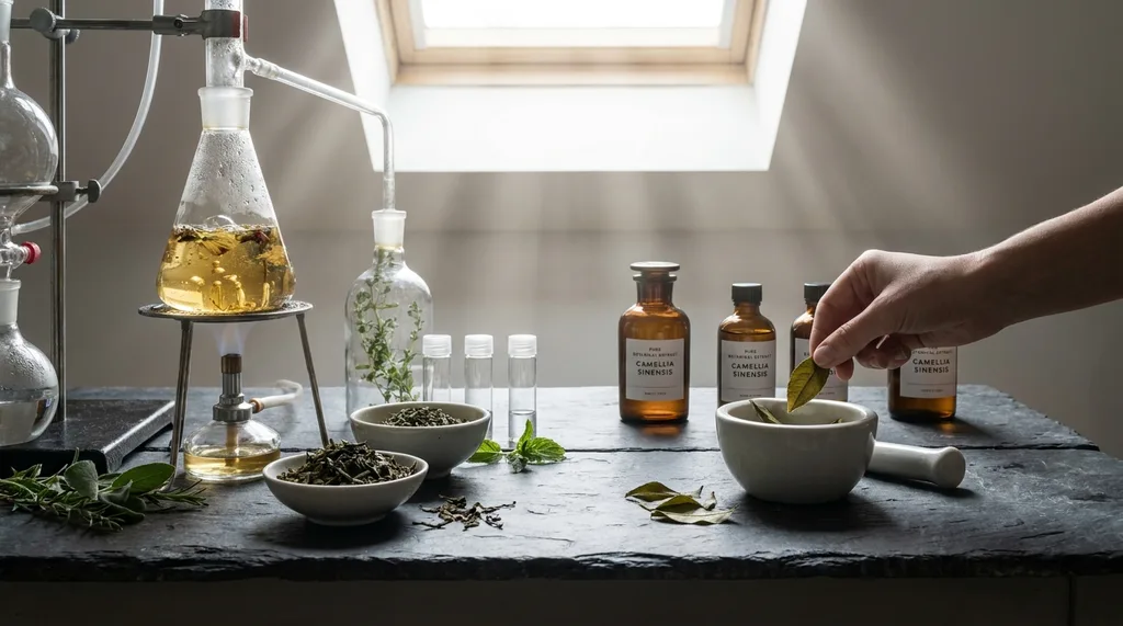 A serene, zen-inspired laboratory setting where raw botanical elements are being distilled into pure extracts