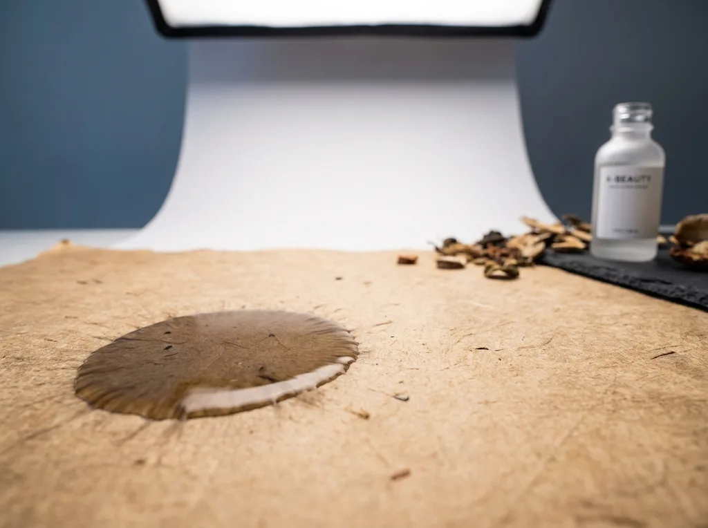 Rough hanji paper texture inches from the lens, warm and tactile as old parchment A single droplet has landed and its outer edge is still moving slowly outward the diffusion ring incomplete, still in motion Low angle looking across the paper surface