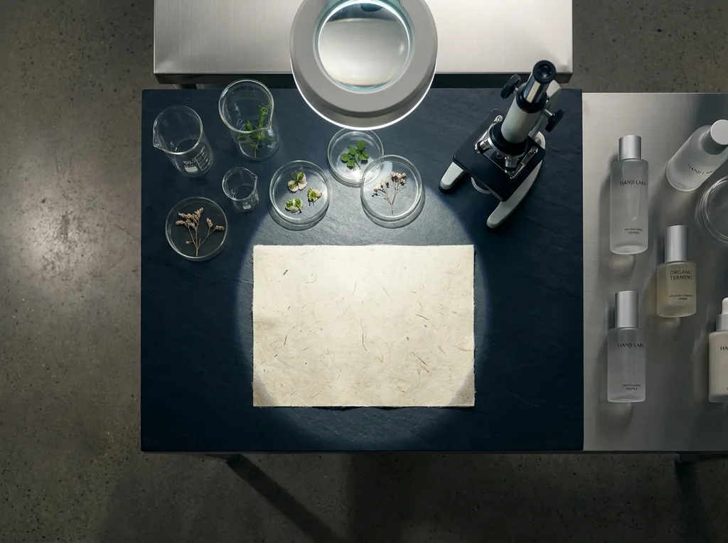 A sterile but organic laboratory environment where traditional hanji paper meets modern scientific observation