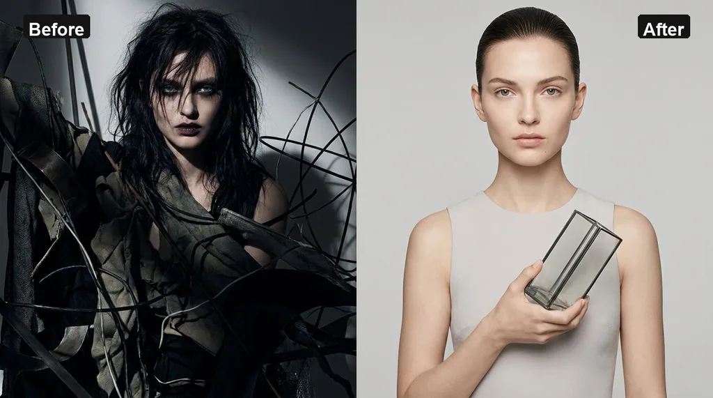 Split-screen aesthetic one side chaotic and dark, the other organized and minimalist