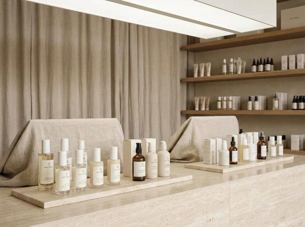Boutique apothecary aesthetic with natural stone countertops, neutral linen backdrops, and neatly arranged clinical skincare bottles