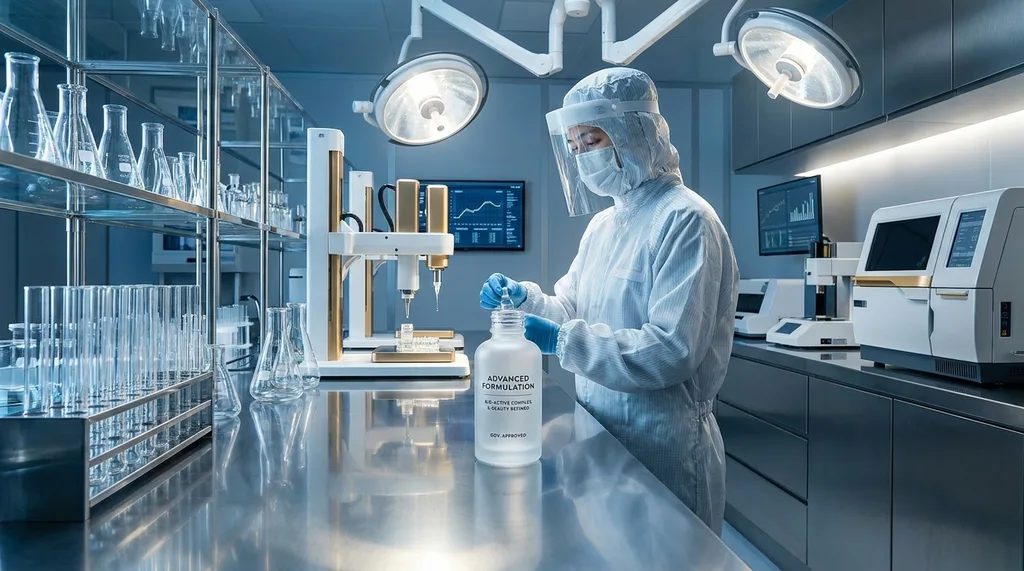 Strictly regulated, high-tech scientific laboratory setting embodying advanced biotech formulation
