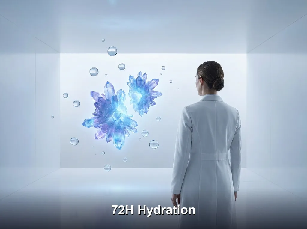 A clean, clinical laboratory environment with a futuristic, ethereal aesthetic, featuring floating water droplets and a glowing, crystalline structure